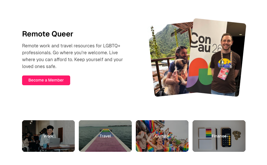Screenshot of a website; text: Remote Queer; several image cards of people and things