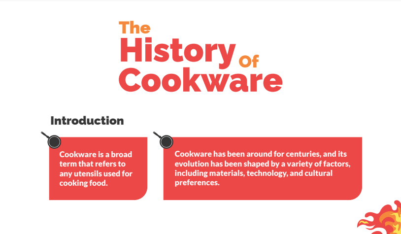 Front page of a PDF reads "The History of Cookware: Introduction" in a stylized font